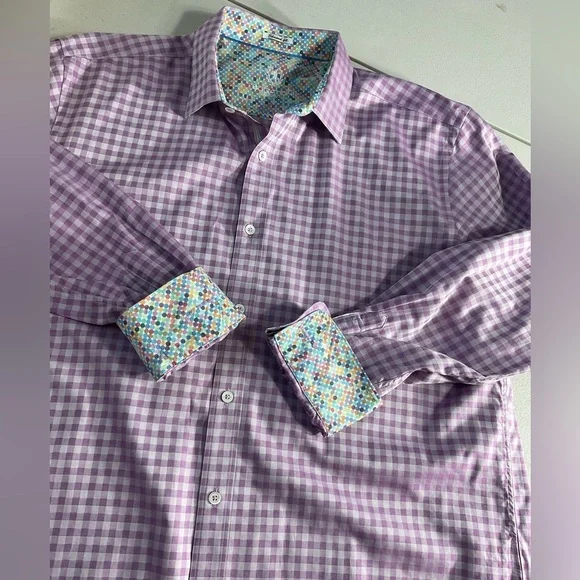 Bugatchi Dress Shirt Men’s Size L Purple Check Flip Turn Contrast Cuff - Picture 1 of 12